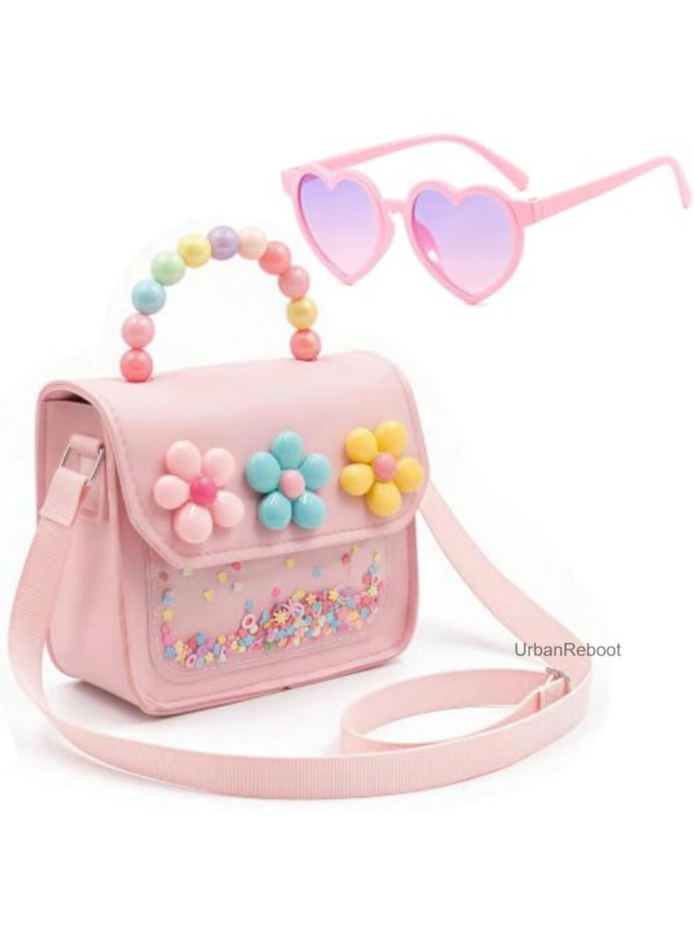 Girls Mini Crossbody Purse Set with Heart Sunglasses & Beaded Handle